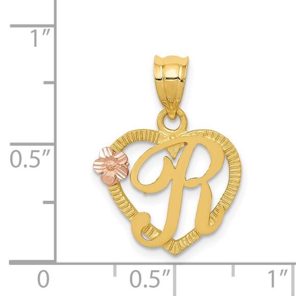 14k Two Tone Gold Grace Collection 15mm Heart Initial R Pendant - Picture 4 of 5